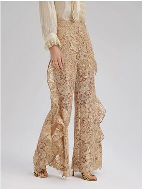 Scalloped Wide-Leg Crochet Pants in Beige
